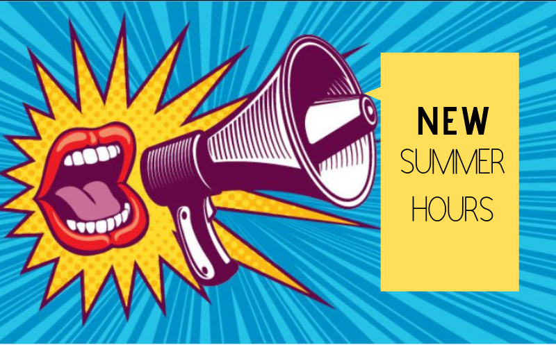 Pop art mouth with megaphone image with New Summer Hours Logo.